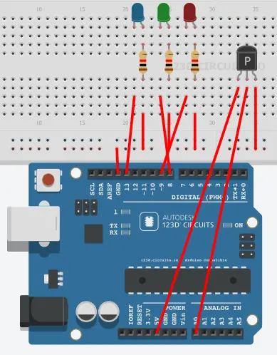 using LM35 sensor to control LEDs based on heat levels