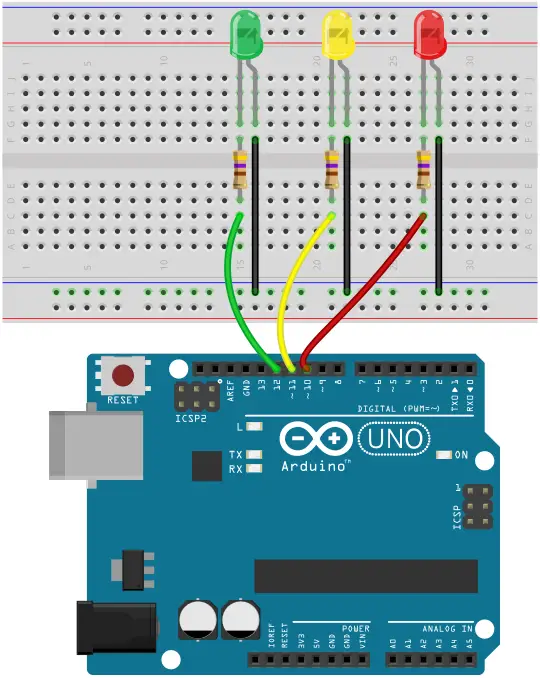 The Circuit Design for How to Simulate a Traffic Signal using LEDs and Arduino